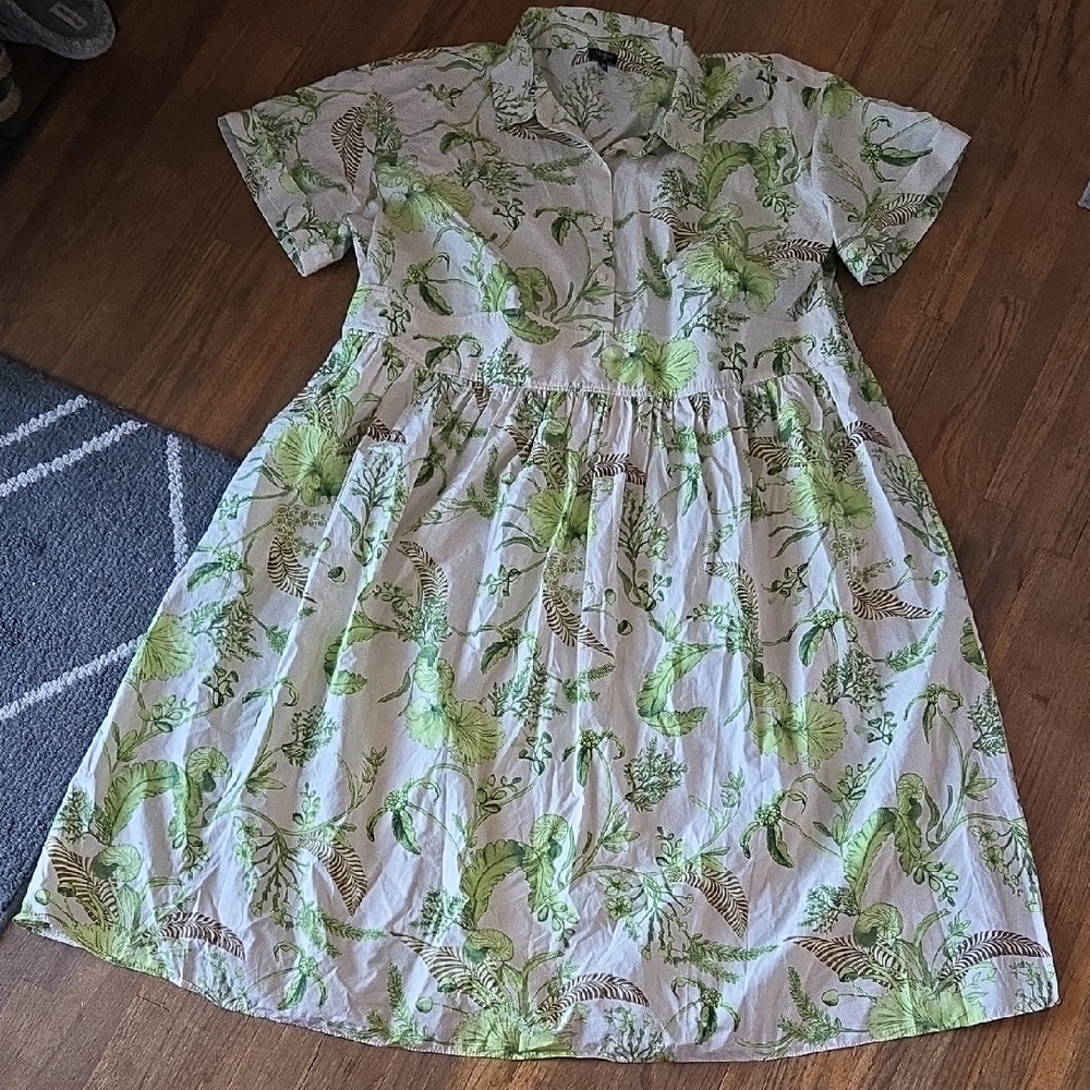 Talbots White Midi Dress with Green and Brown Leaf Print